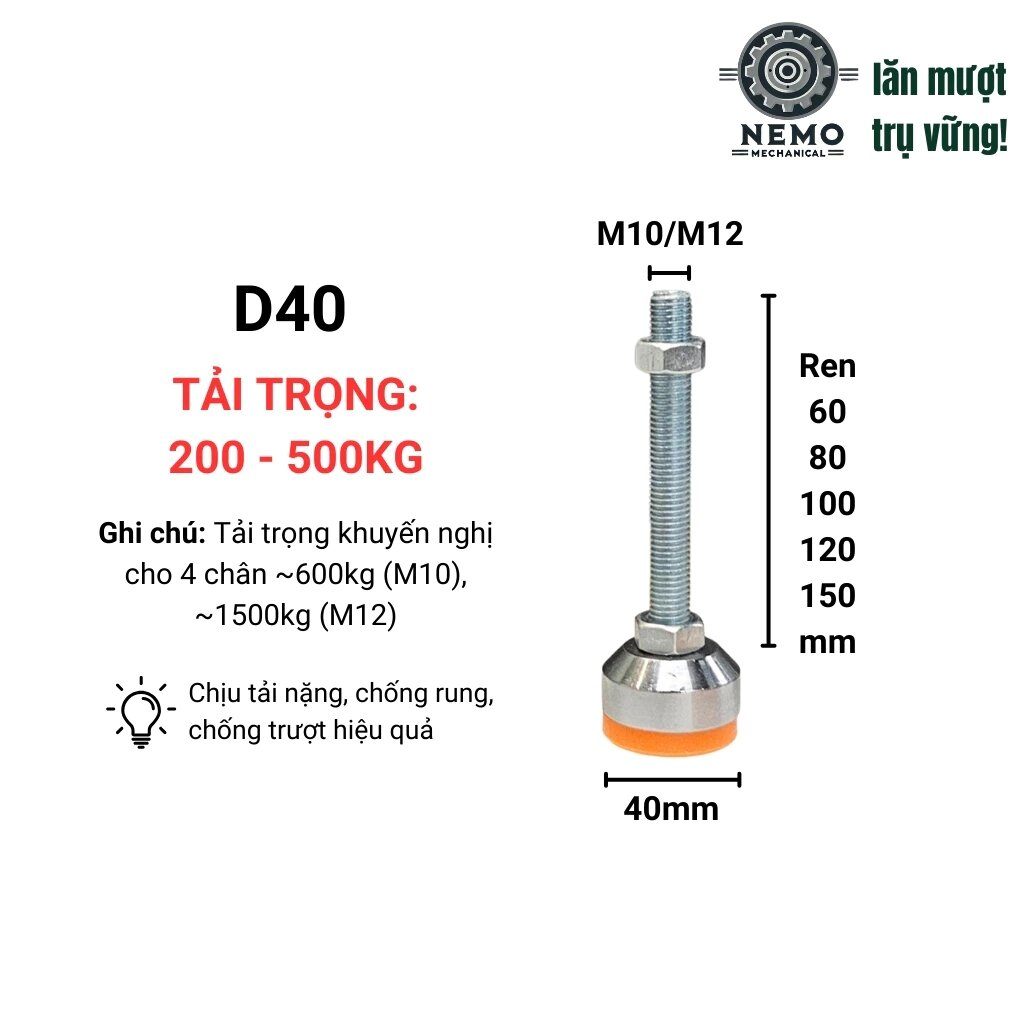 Chân tăng chỉnh chịu lực, D40-D60, M10-M12, tải trọng 200-500kg, đệm nhựa PVC